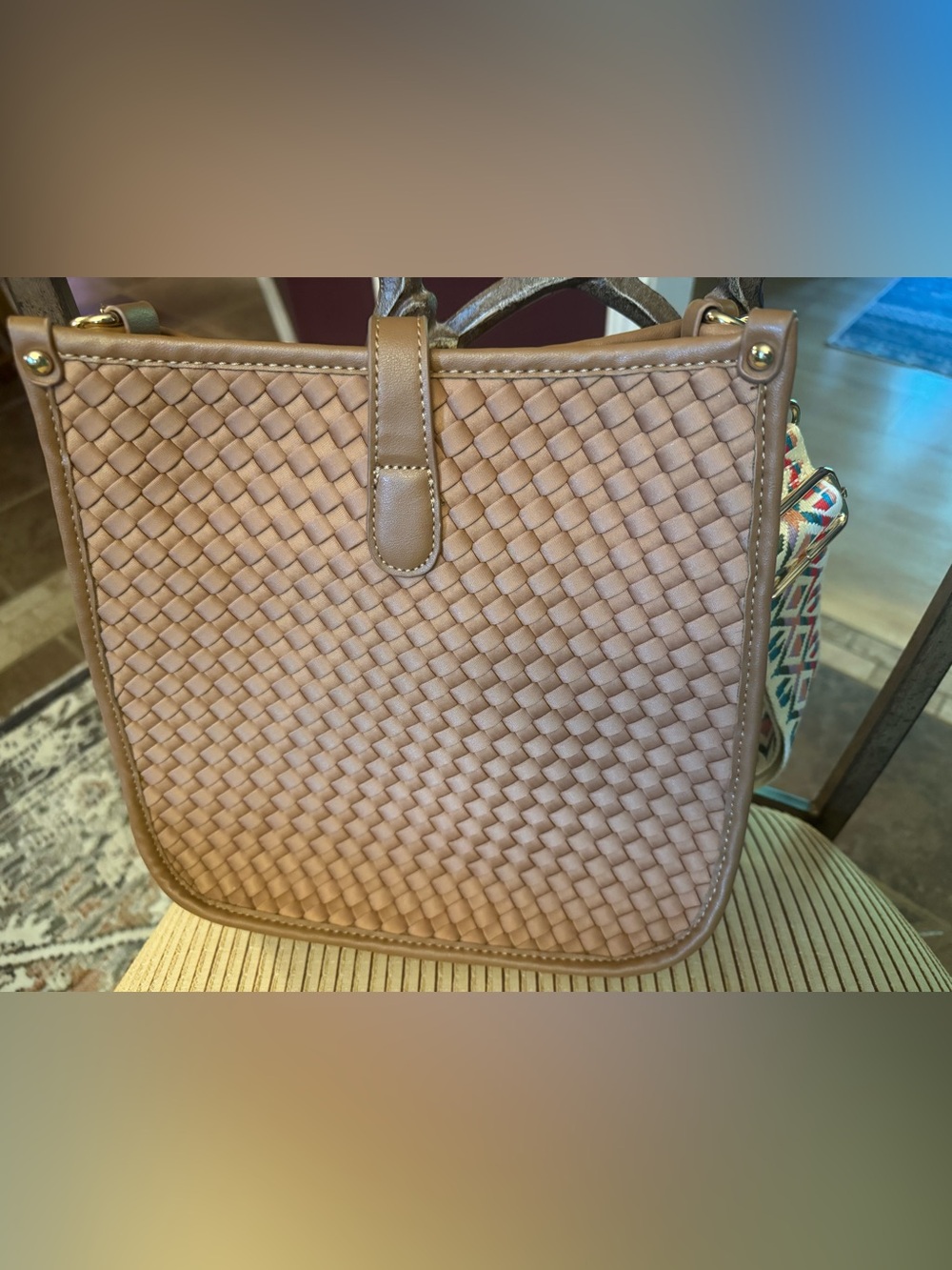 Woven Vegan Leather Tote Bag in Light Brown - Picture 2 of 2